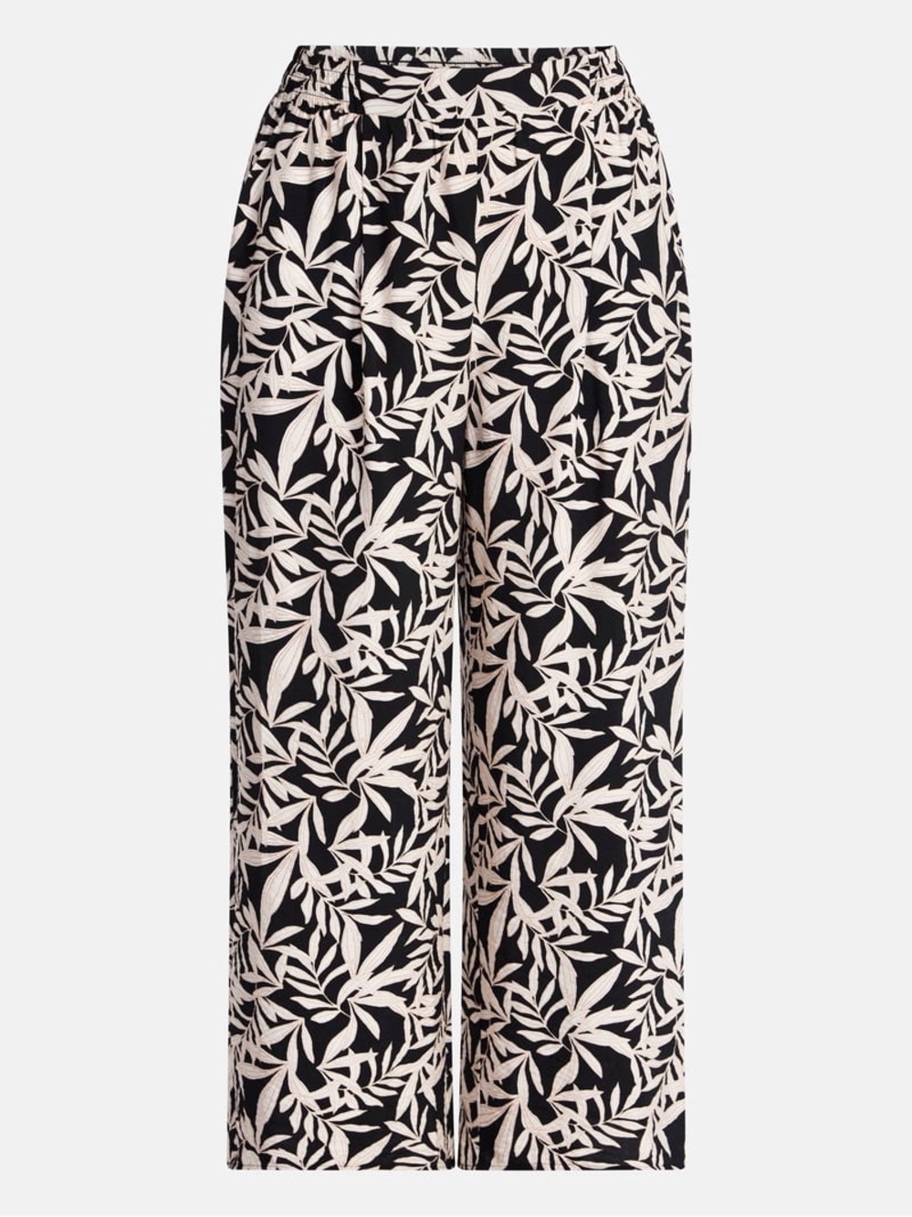 Time and Tru Black & Cream Wide-Leg Leaf Print Pants